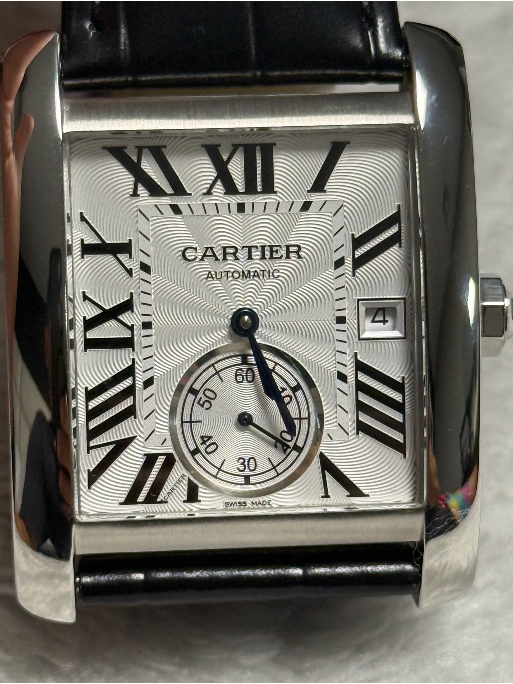 Silver Dial Automatic Tank Watch With Black Strap